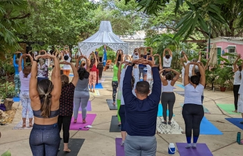 As part of AKAM, Embassy collaborated with yoga institute Adi Shakti to organize a yoga event in Falcon which saw enthusiastic participation.  Amb. Abhishek Singh also spoke on the various yoga related initiatives of Embassy